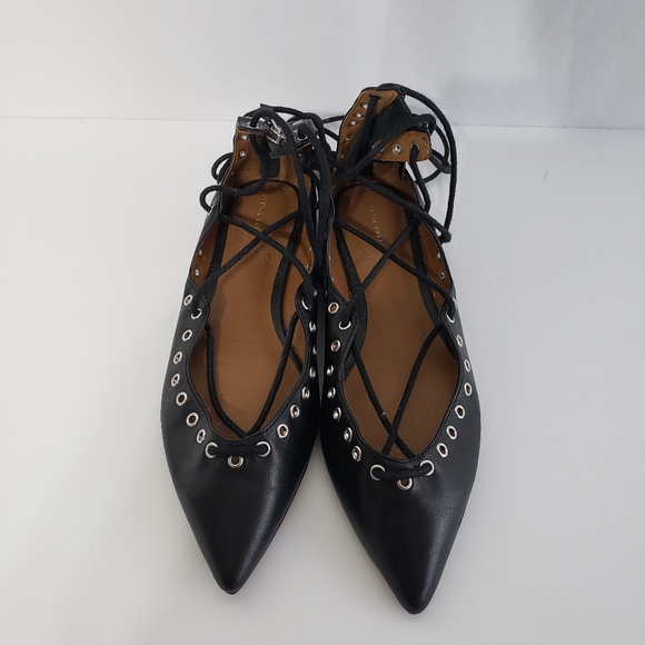 Zara Pointed toe Laced up Flats in Black leather - Picture 2 of 8